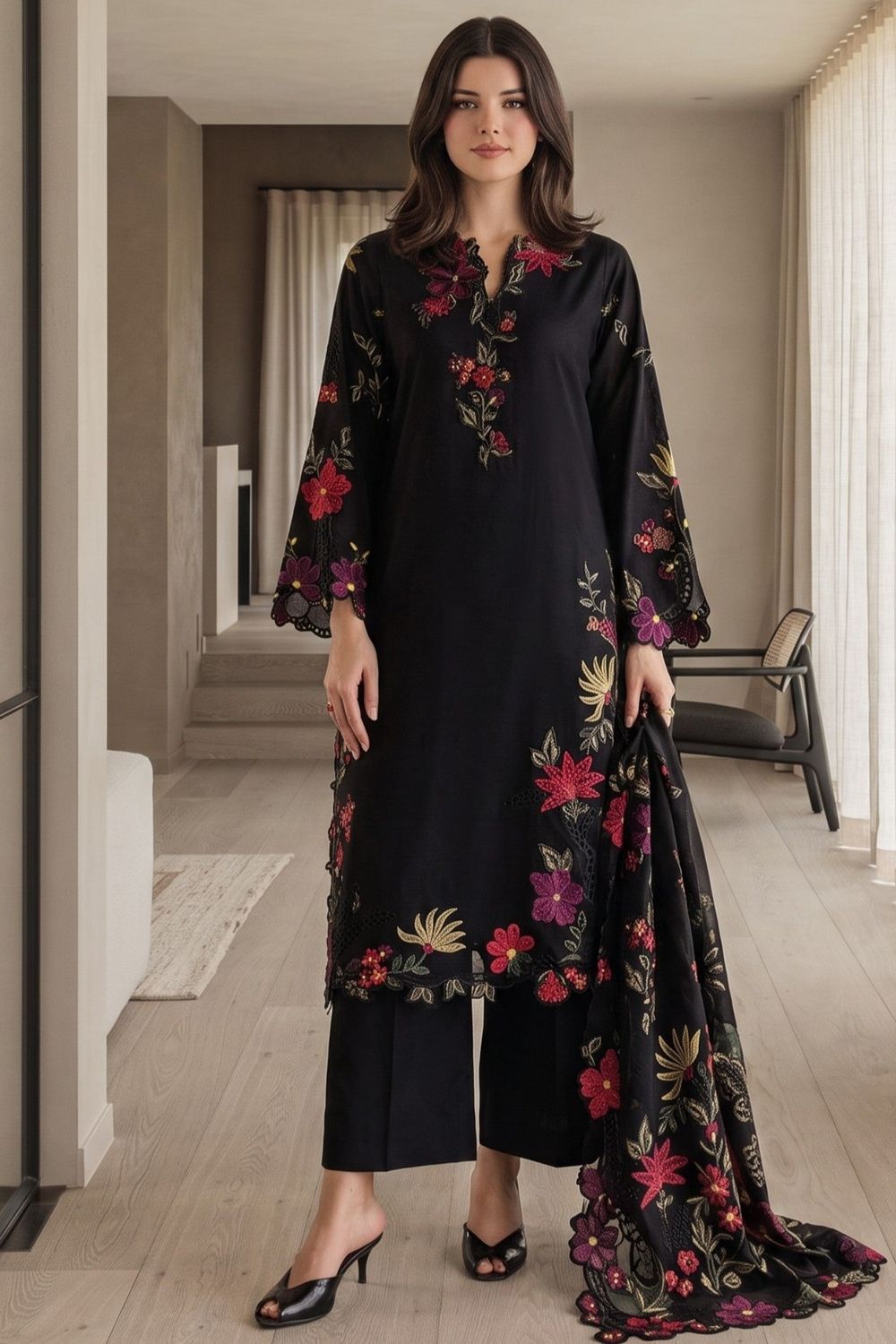 Jet Black Embroidered Lawn Cotton Pakistani Suit Online in Dubai UAE Abudhabi Ajman Sharjah
