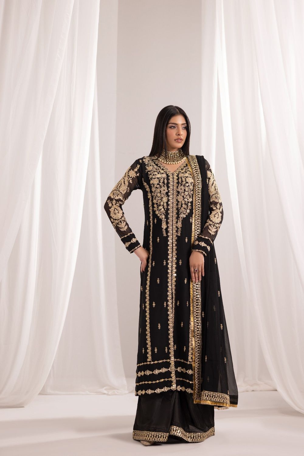 Jet Black Embroidered Pishwas Salwar Kameez Online in Dubai UAE Abudhabi Ajman Sharjah