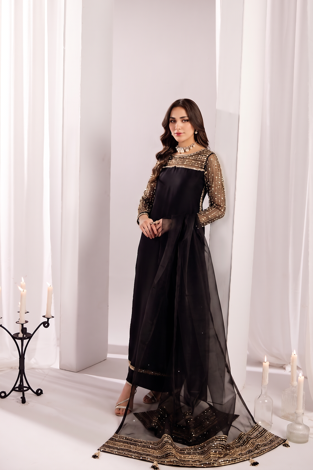 Jet Black Embroidered Silk Salwar Kameez Online in Dubai UAE Abudhabi Ajman Sharjah