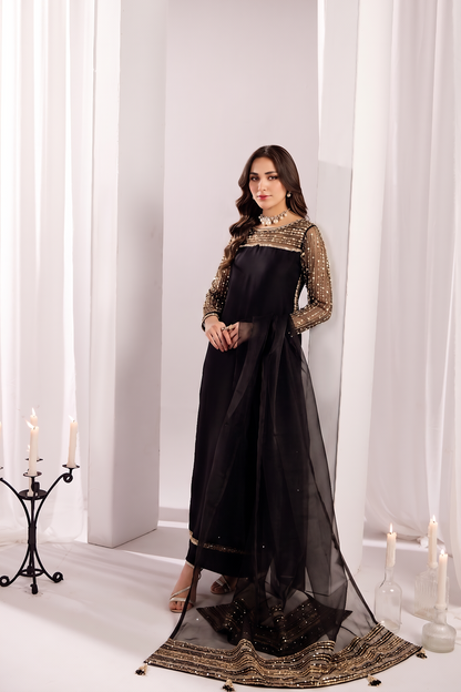Jet Black Embroidered Silk Salwar Kameez Online in Dubai UAE Abudhabi Ajman Sharjah