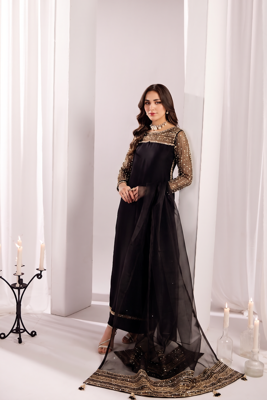 Jet Black Embroidered Silk Salwar Kameez Online in Dubai UAE Abudhabi Ajman Sharjah