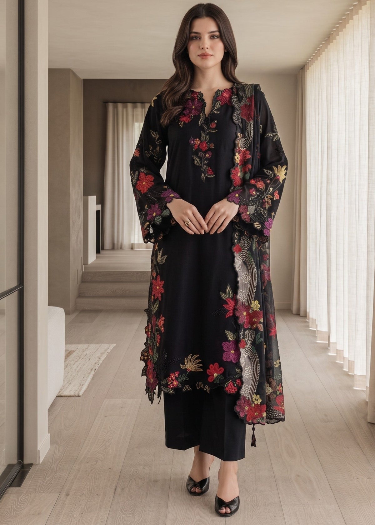 Jet Black Lawn Cotton Designer Salwar Kameez Online in Sri Lanka India Australia