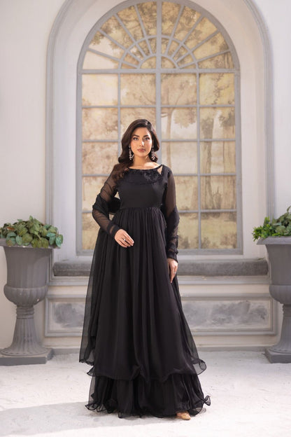 Jet Black Layered Chiffon Maxi Partywear Suit Online in Dubai UAE Abudhabi Ajman Sharjah