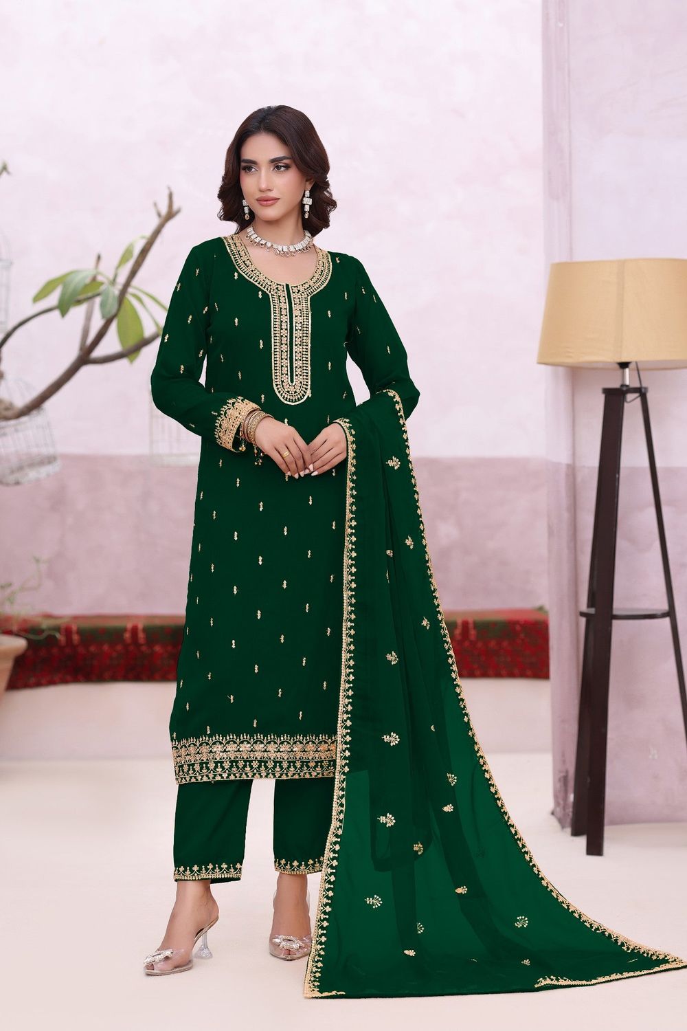 Kaai Green Embroidered Chiffon Partywear Suit Online in Dubai UAE Abudhabi Ajman Sharjah