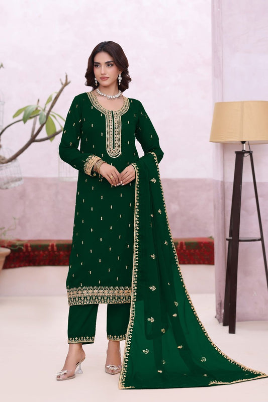 Kaai Green Embroidered Chiffon Partywear Suit Online in Dubai UAE Abudhabi Ajman Sharjah