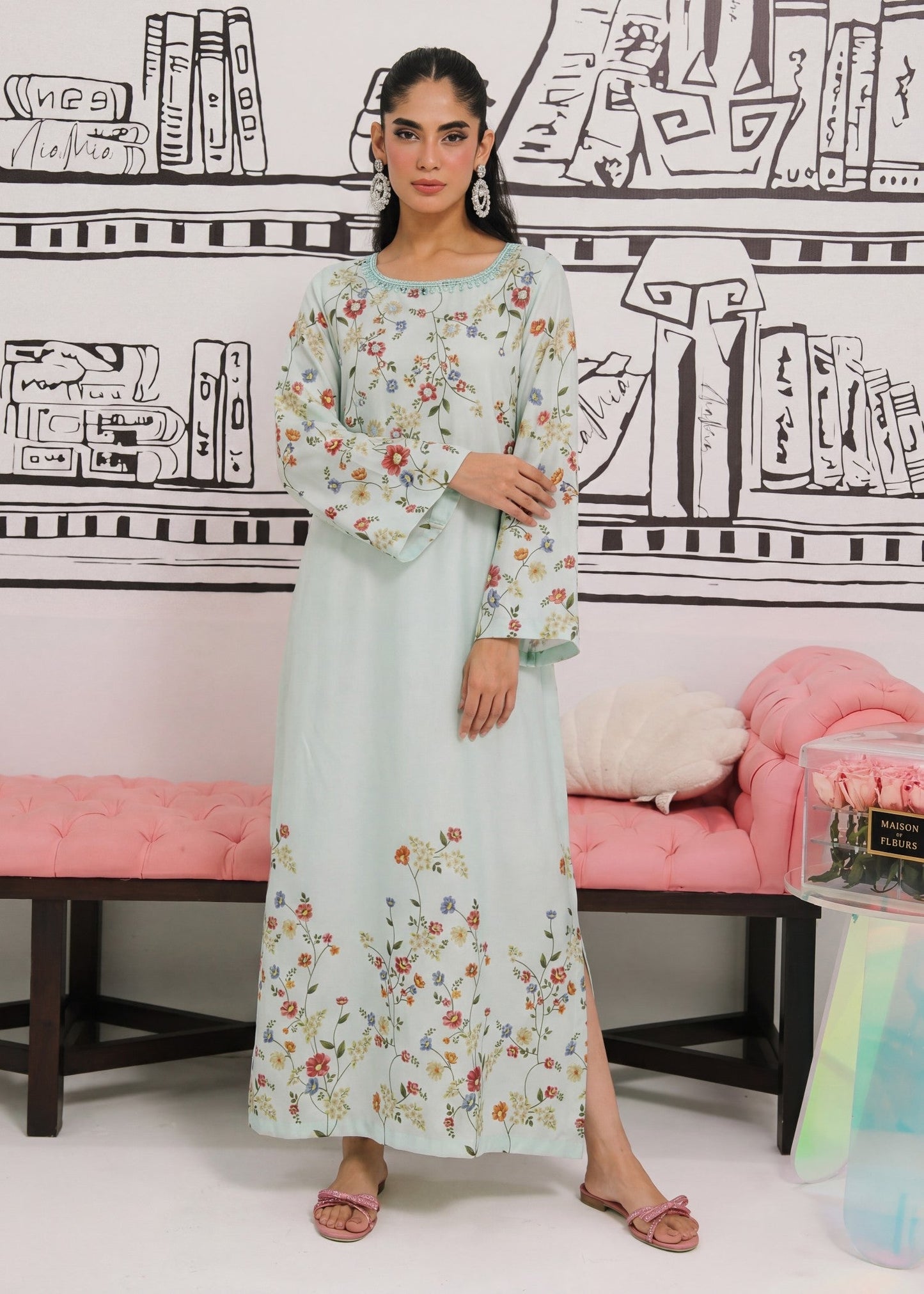 Kaftan Embellished Poly Silk Light Cyan Online in Dubai UAE Abudhabi Ajman Sharjah