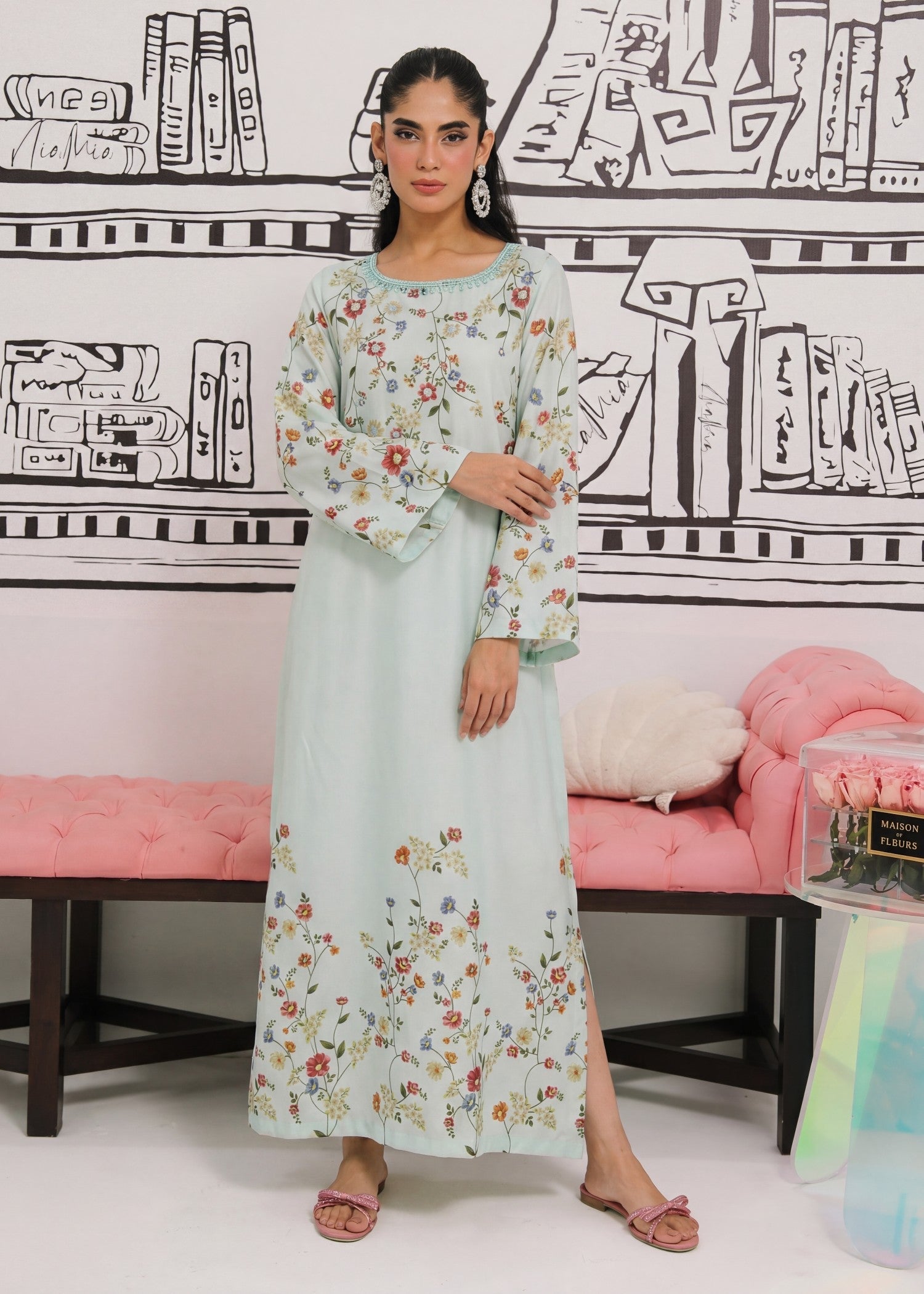 Kaftan Embellished Poly Silk Light Cyan Online in Dubai UAE Abudhabi Ajman Sharjah