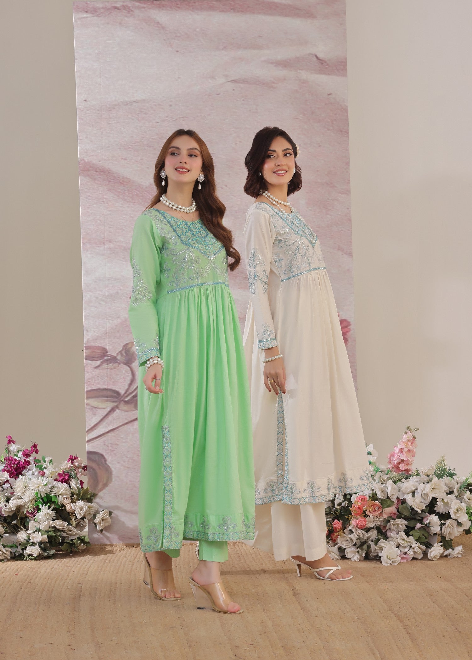 Kaftan Kurta Pastel Green Embroidered Lawn Online in UK USA Canada