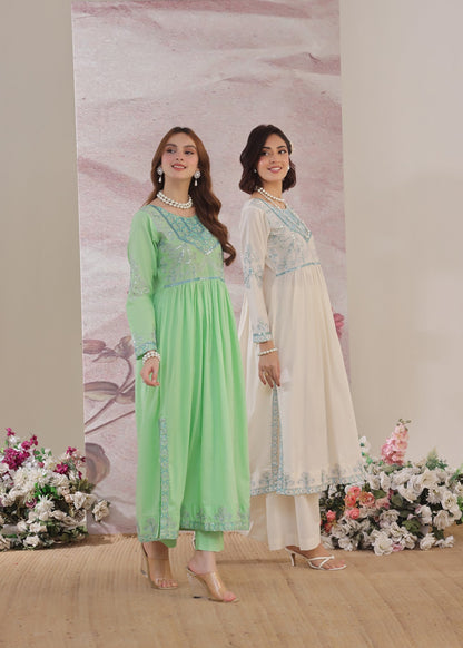Kaftan Kurta Pastel Green Embroidered Lawn Online in UK USA Canada