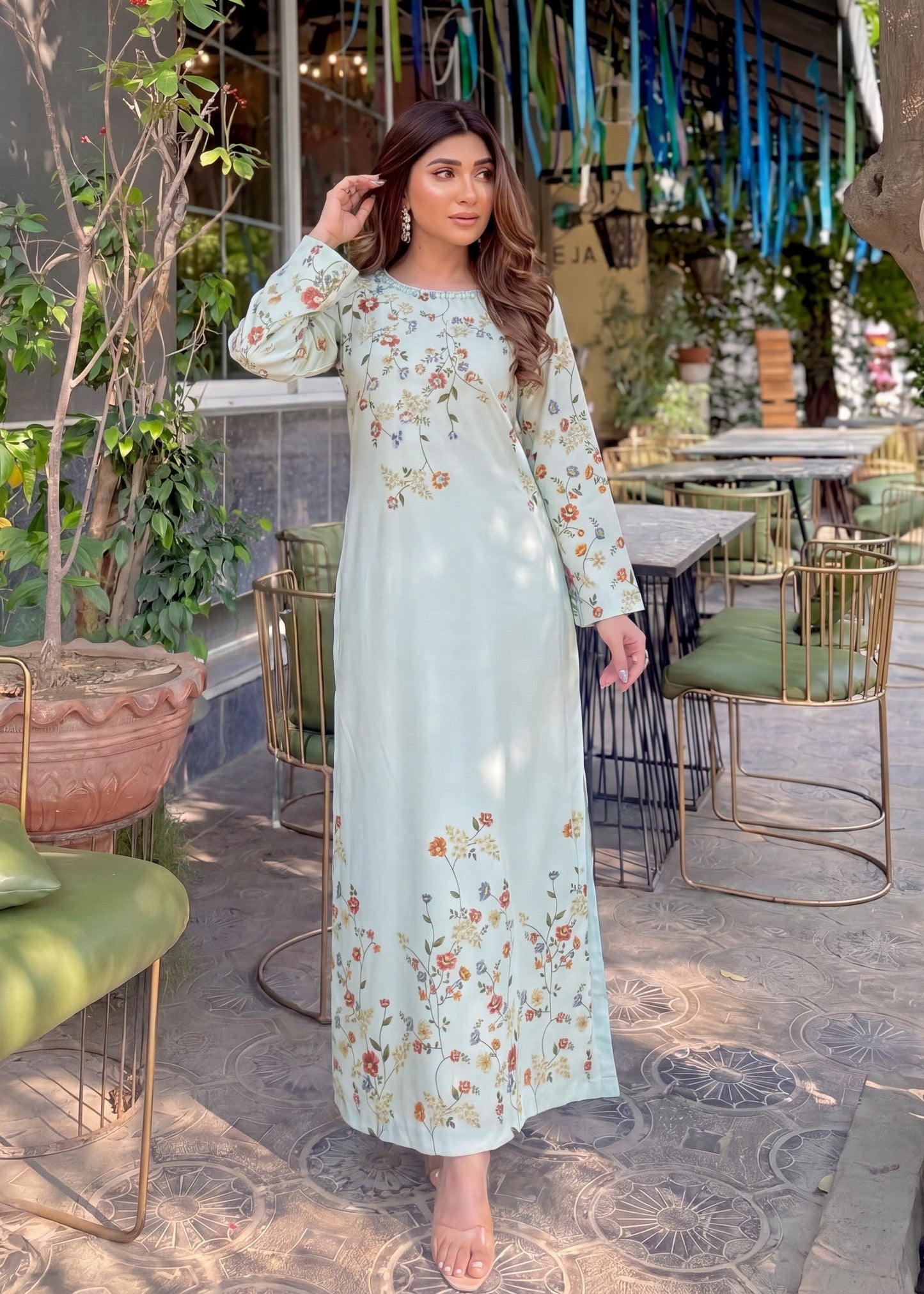 Kaftan Light Cyan Embellished Poly Silk Online in Dubai DXB UAE Abudhabi Meena Bazaar