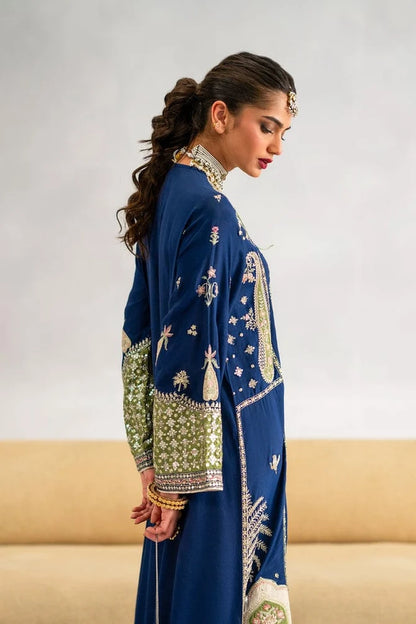 Royal Blue Sequins Embroidered Raw Silk Kaftan with Dupatta