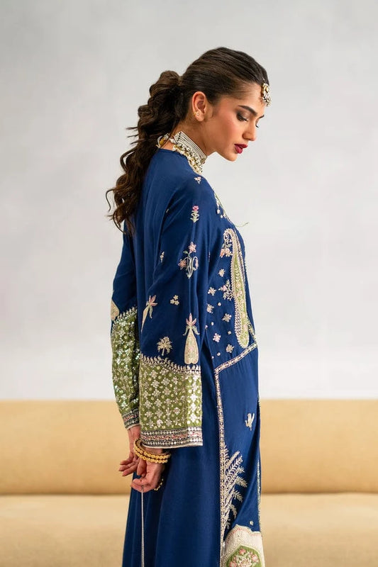 Royal Blue Sequins Embroidered Raw Silk Kaftan with Dupatta