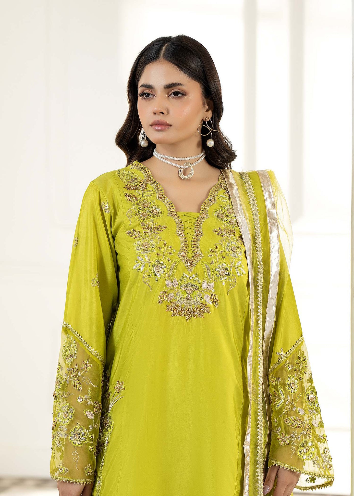 Key Lime Embellished Silk Net Dupatta Outfit Online in KSA Riyadh Saudi Arabia Oman Bahrain Qatar