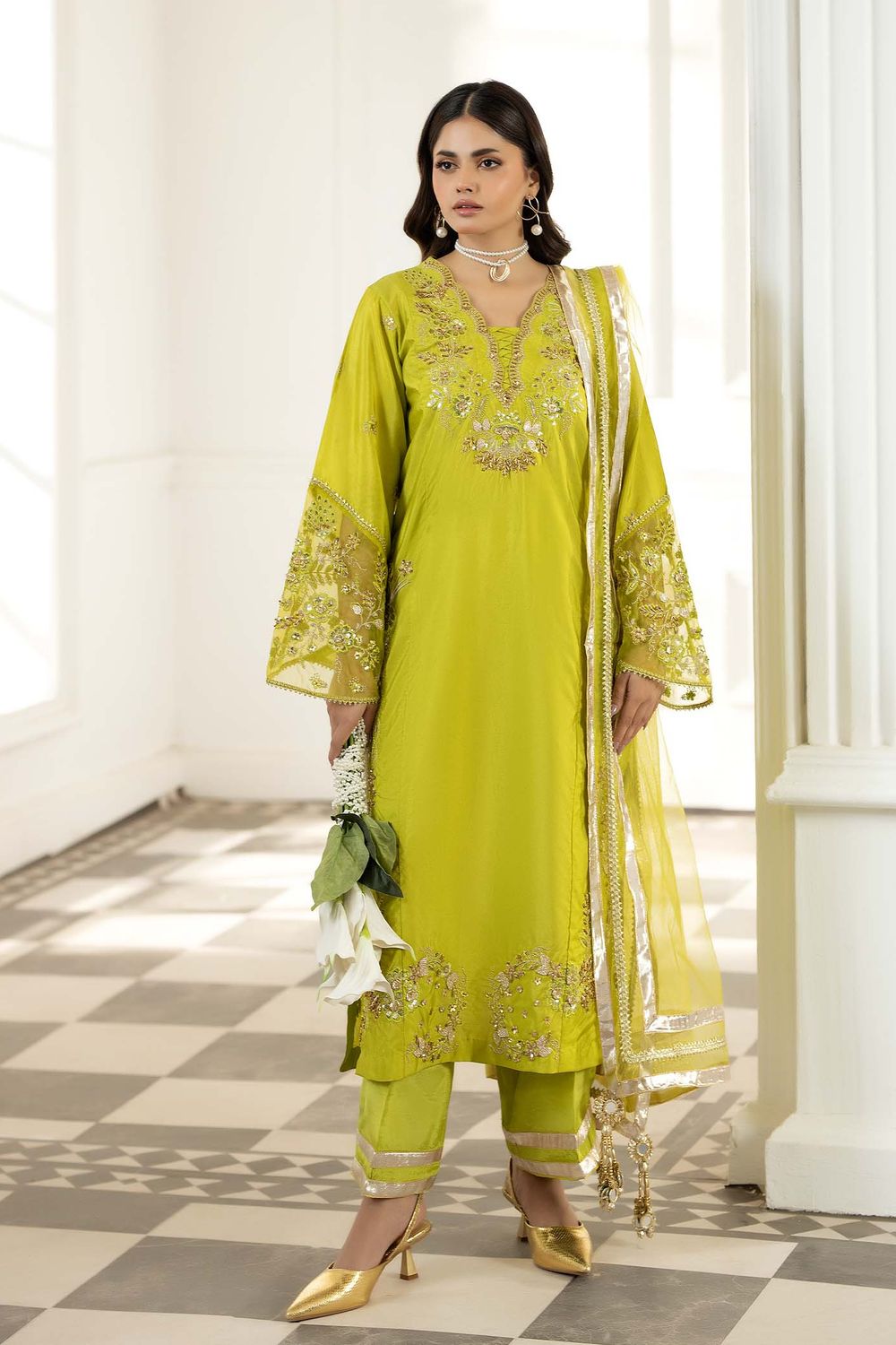 Key Lime Embellished Silk Net Dupatta Suit Online in Dubai UAE Abudhabi Ajman Sharjah