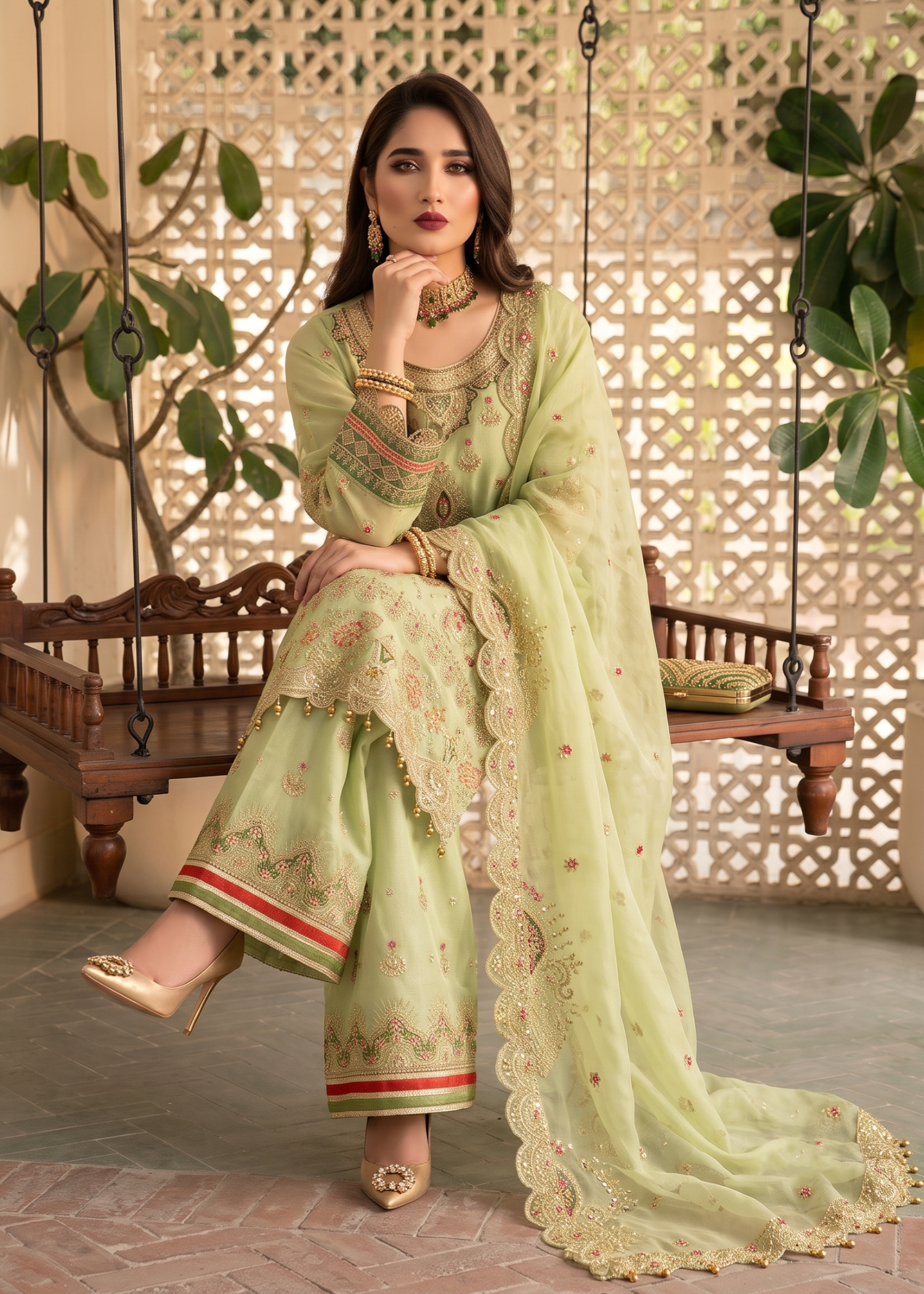 Key Lime Embroidered Gharara Organza Festive Wear Online in KSA Riyadh Saudi Arabia Oman Bahrain Qatar