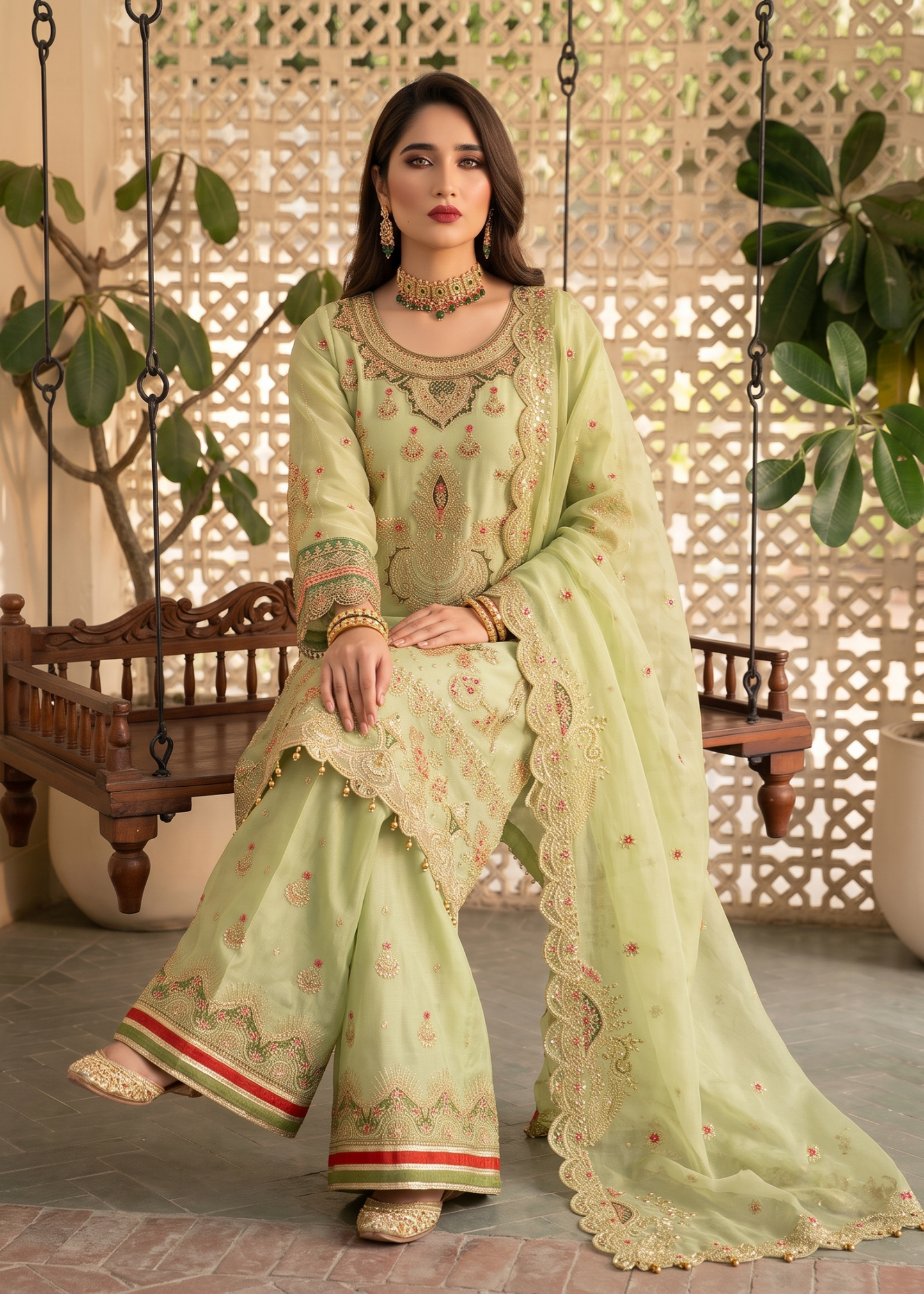 Key Lime Embroidered Gharara Organza Suit Online in Dubai DXB UAE Abudhabi Meena Bazaar