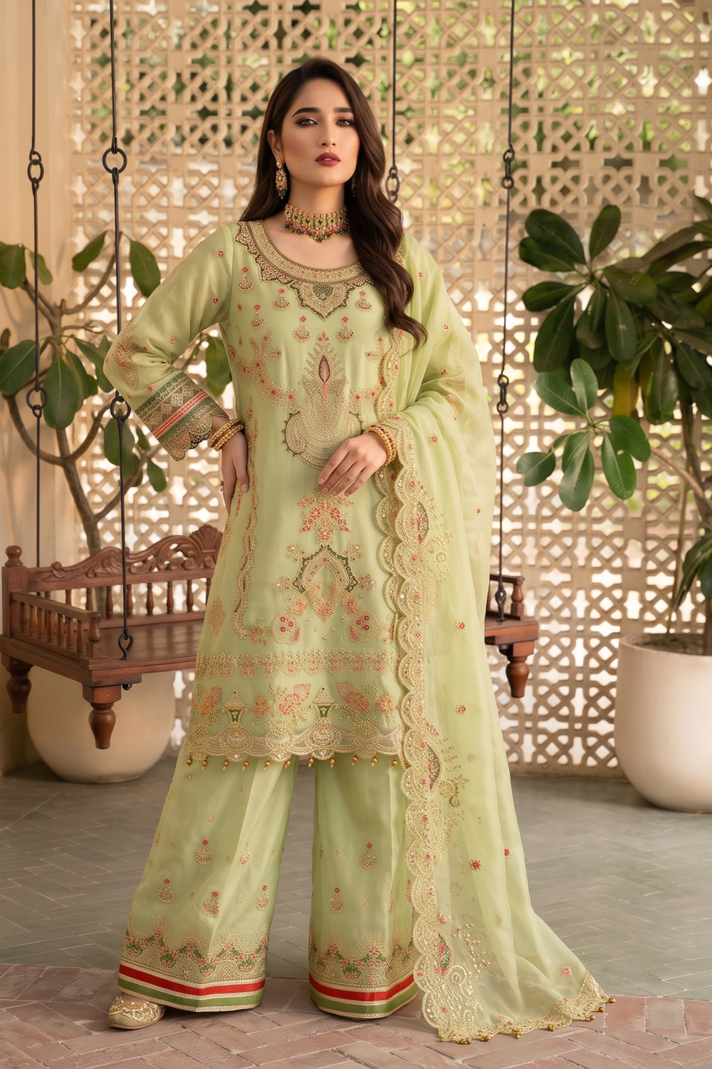 Key Lime Embroidered Organza Festive Gharara Online in Dubai UAE Abudhabi Ajman Sharjah