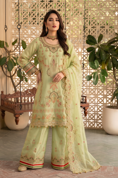 Key Lime Embroidered Organza Festive Gharara Online in Dubai UAE Abudhabi Ajman Sharjah