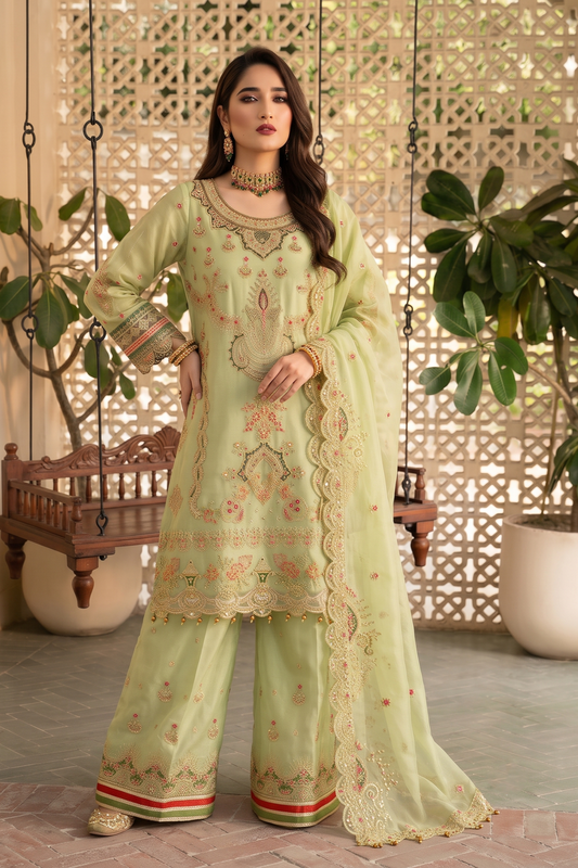 Key Lime Embroidered Organza Festive Gharara Online in Dubai UAE Abudhabi Ajman Sharjah