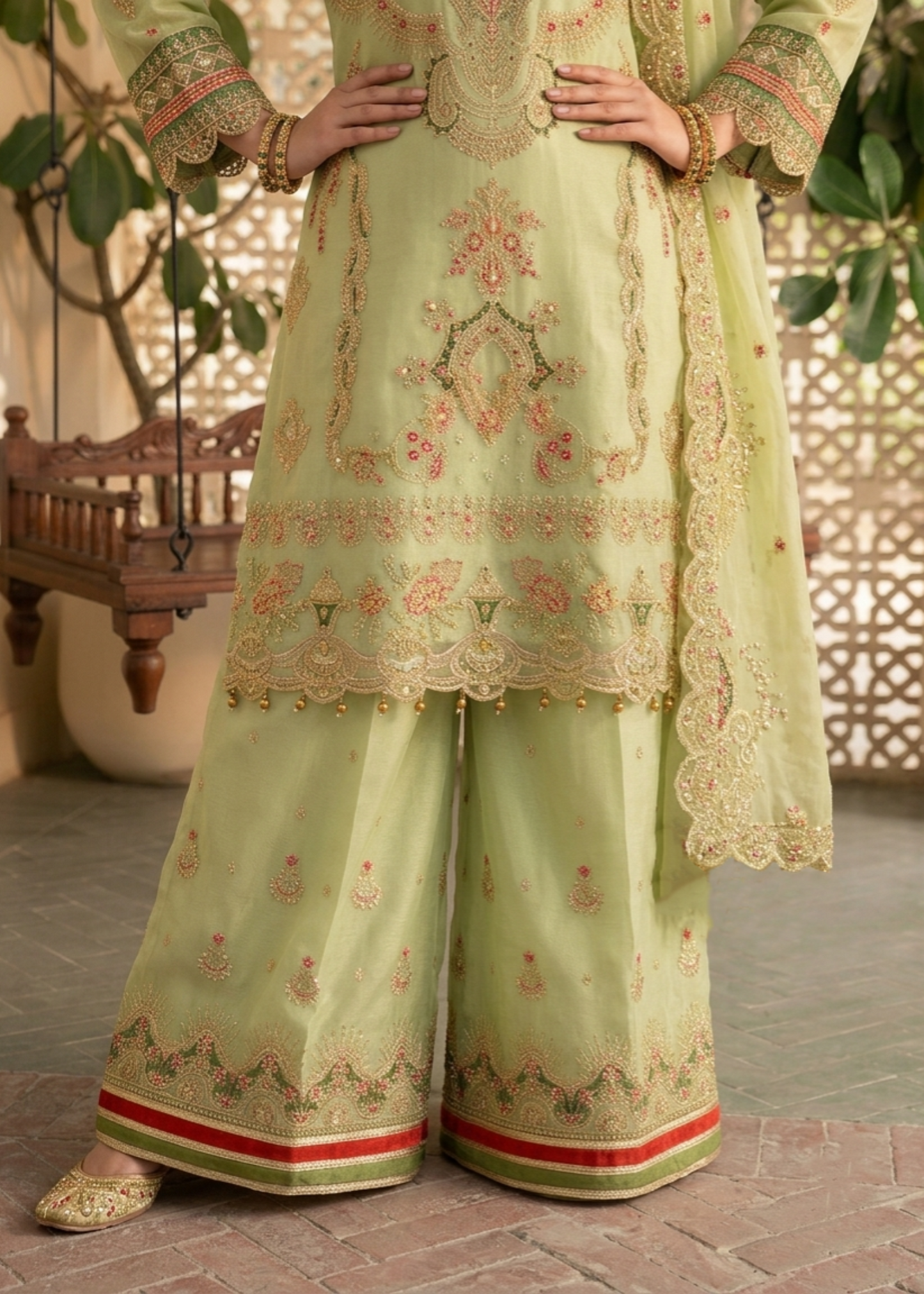 Key Lime Embroidered Organza Three Piece Suit Online in Dubai UAE Abudhabi Ajman Sharjah