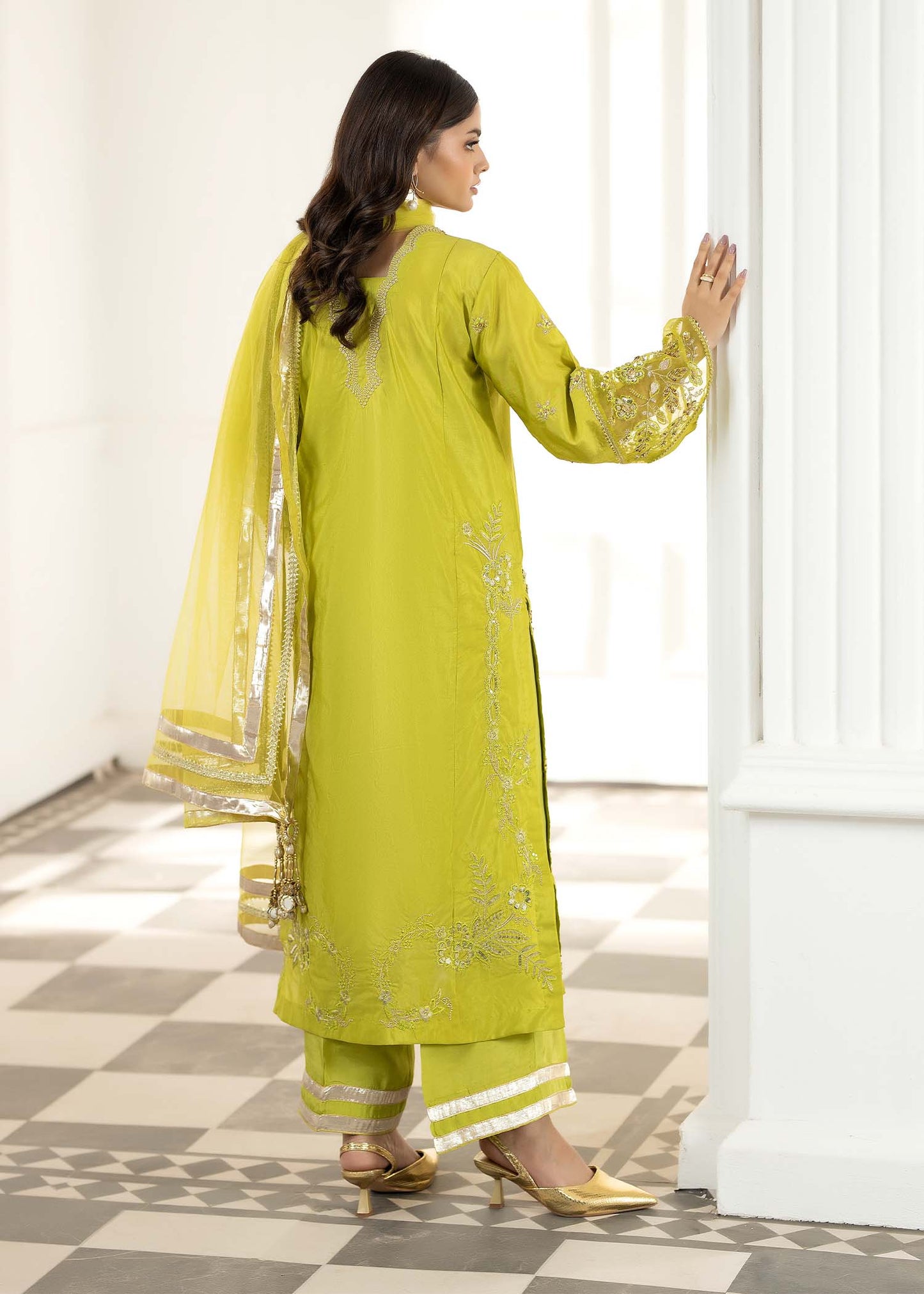 Key Lime Embroidered Silk Straight Cut Kurta Online in Dubai UAE Abudhabi Ajman Sharjah