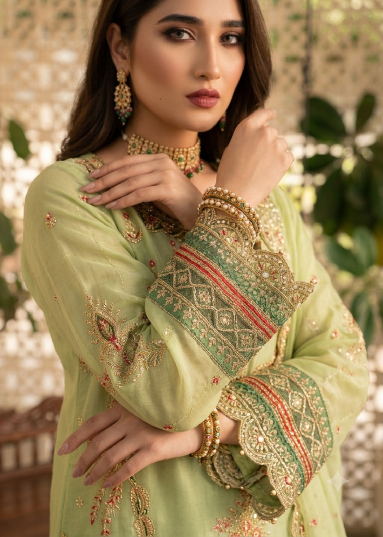 Key Lime Organza Embroidered Festive Gharara Online in Dubai DXB UAE Abudhabi Meena Bazaar