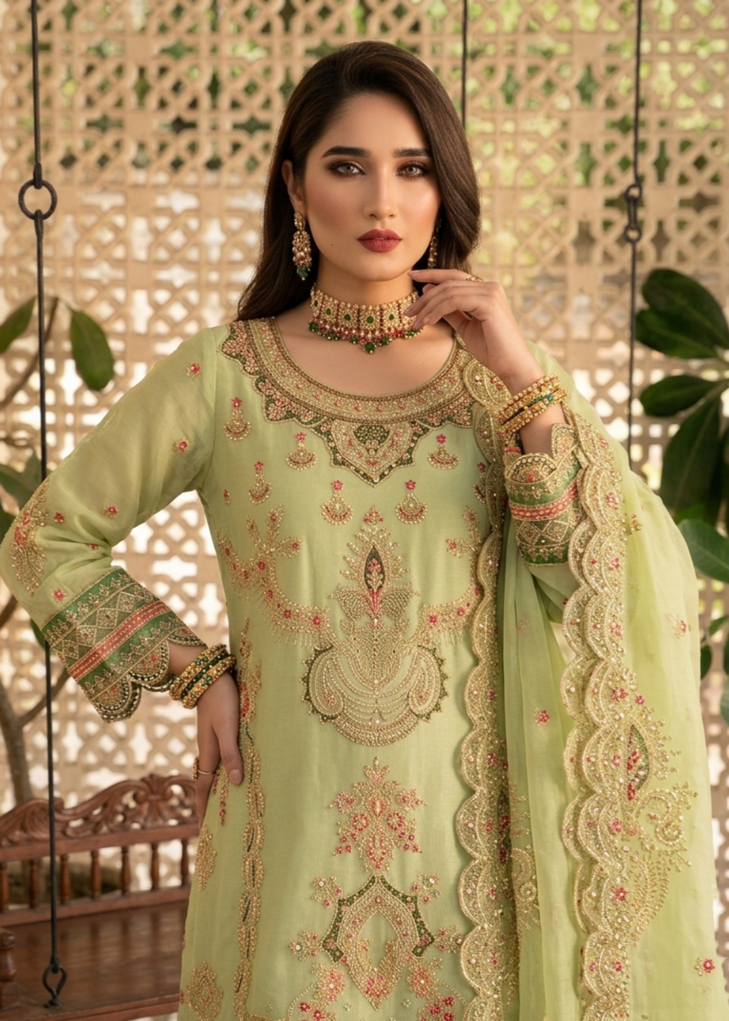 Key Lime Organza Embroidered Salwar Kameez Online in KSA Riyadh Saudi Arabia Oman Bahrain Qatar