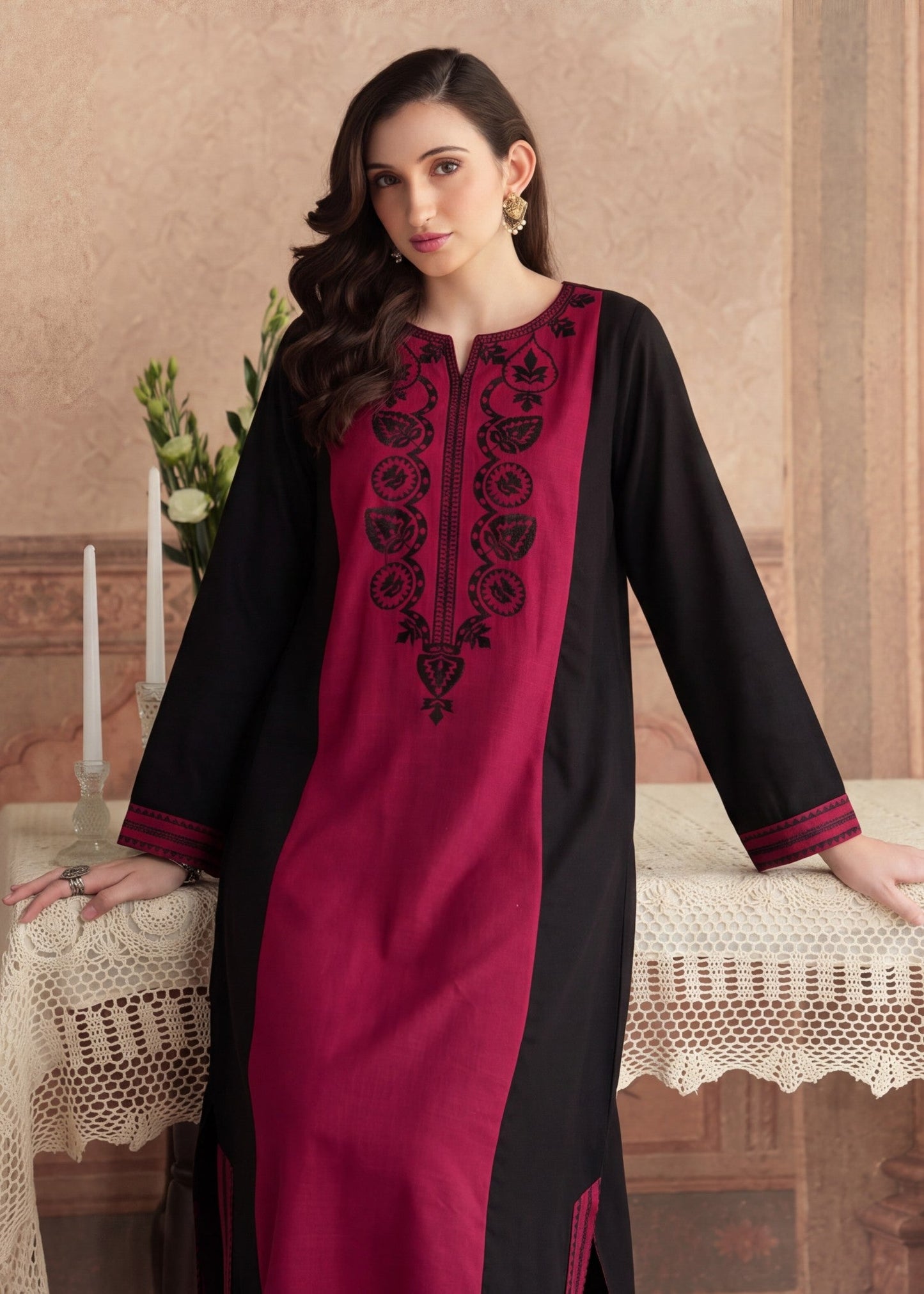 Khaddar Embroidered Kaftan Maroon Online in UK USA Canada