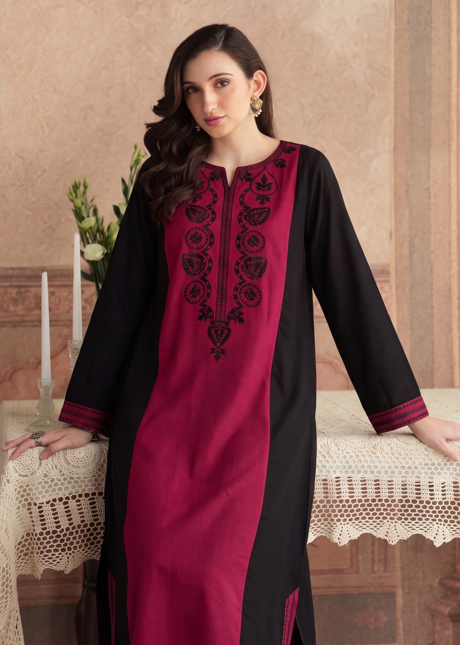 Khaddar Embroidered Kaftan Maroon Online in UK USA Canada