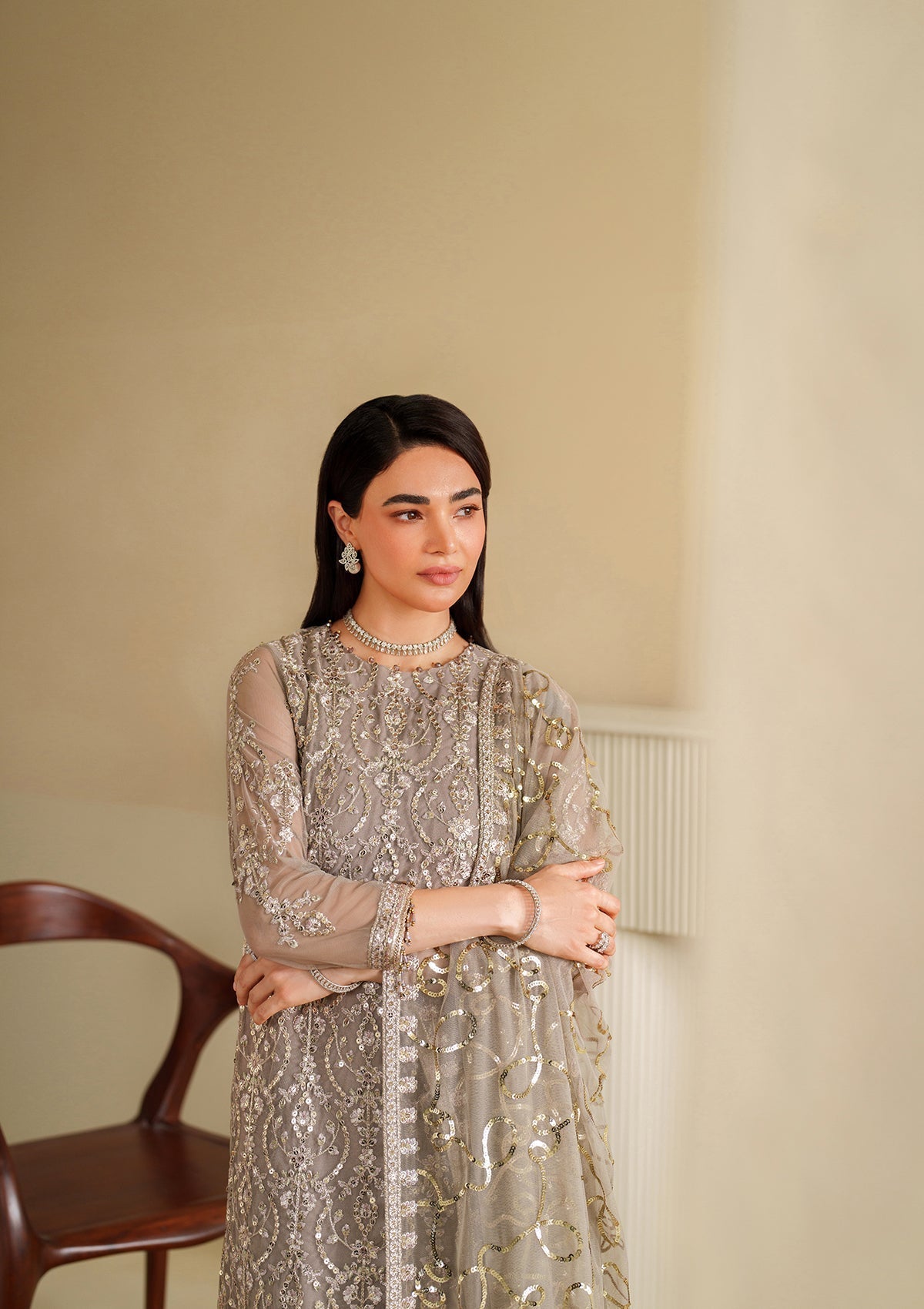 Khaddi Net Silver Embroidered Ladies Suit Online in UK USA Canada