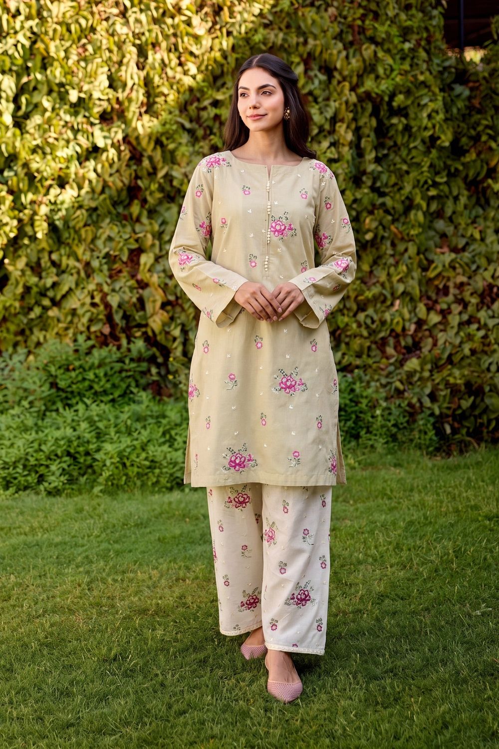 Khaki Brown Embroidered Lawn Kurta Set Online in Dubai UAE Abudhabi Ajman Sharjah