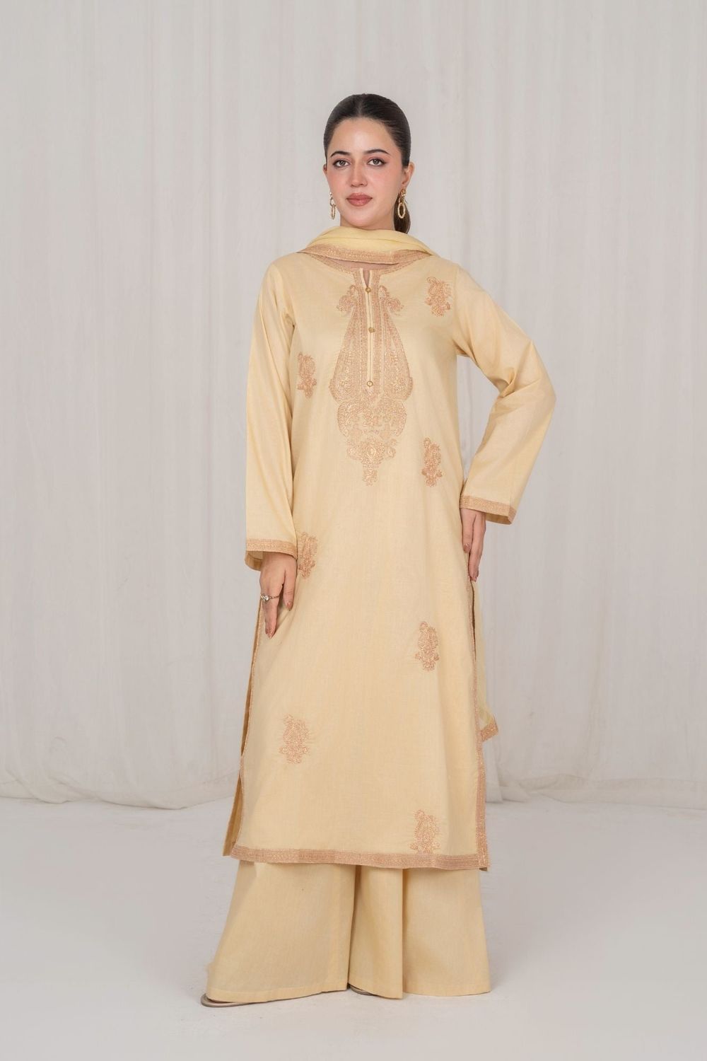 Khaki Brown Embroidered Lawn Sharara Suit Online in Dubai UAE Abudhabi Ajman Sharjah