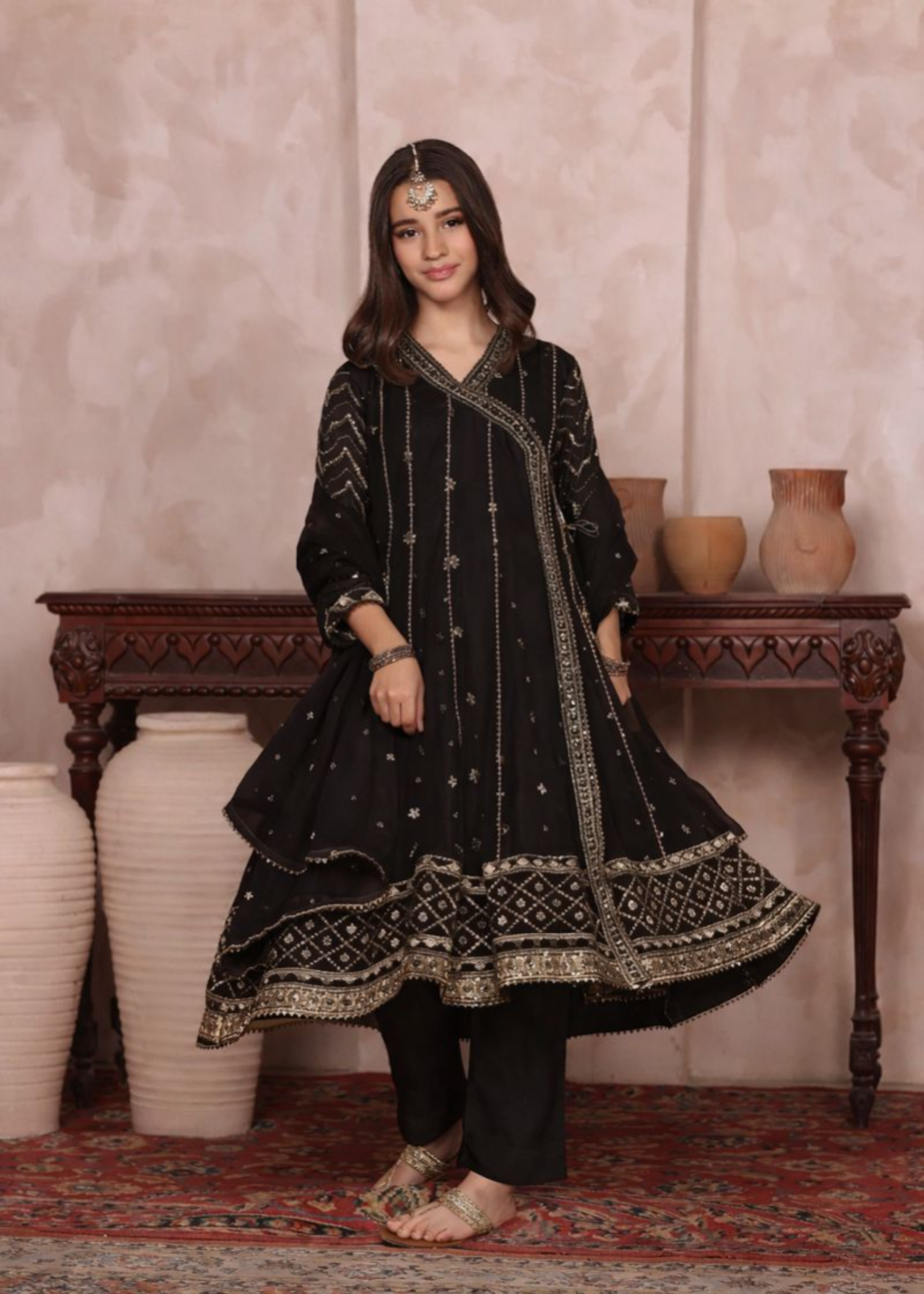Kids Black Embroidered Chiffon Salwar Kameez Online in KSA Riyadh Saudi Arabia Oman Bahrain Qatar