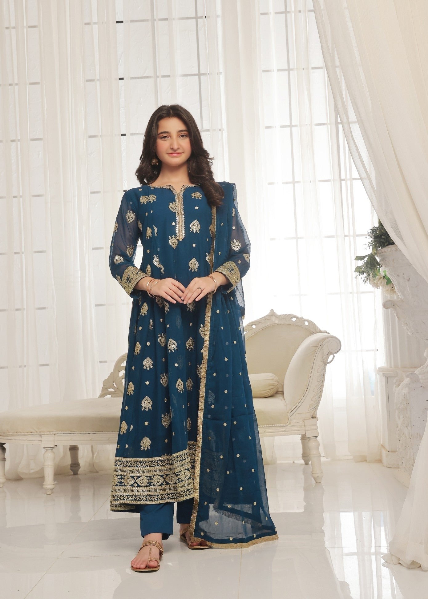 Kids Blue Embroidered Chiffon Salwar Kameez Online in KSA Riyadh Saudi Arabia Oman Bahrain Qatar