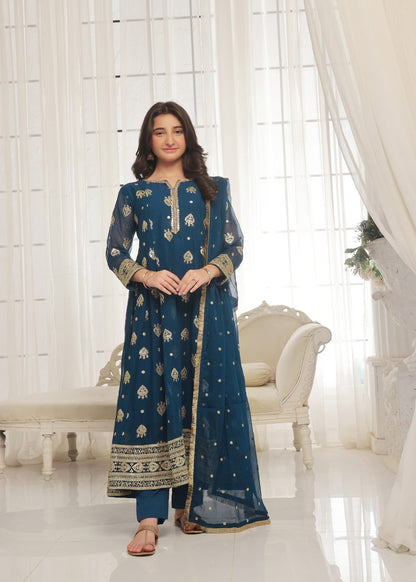 Kids Blue Embroidered Chiffon Salwar Kameez Online in KSA Riyadh Saudi Arabia Oman Bahrain Qatar