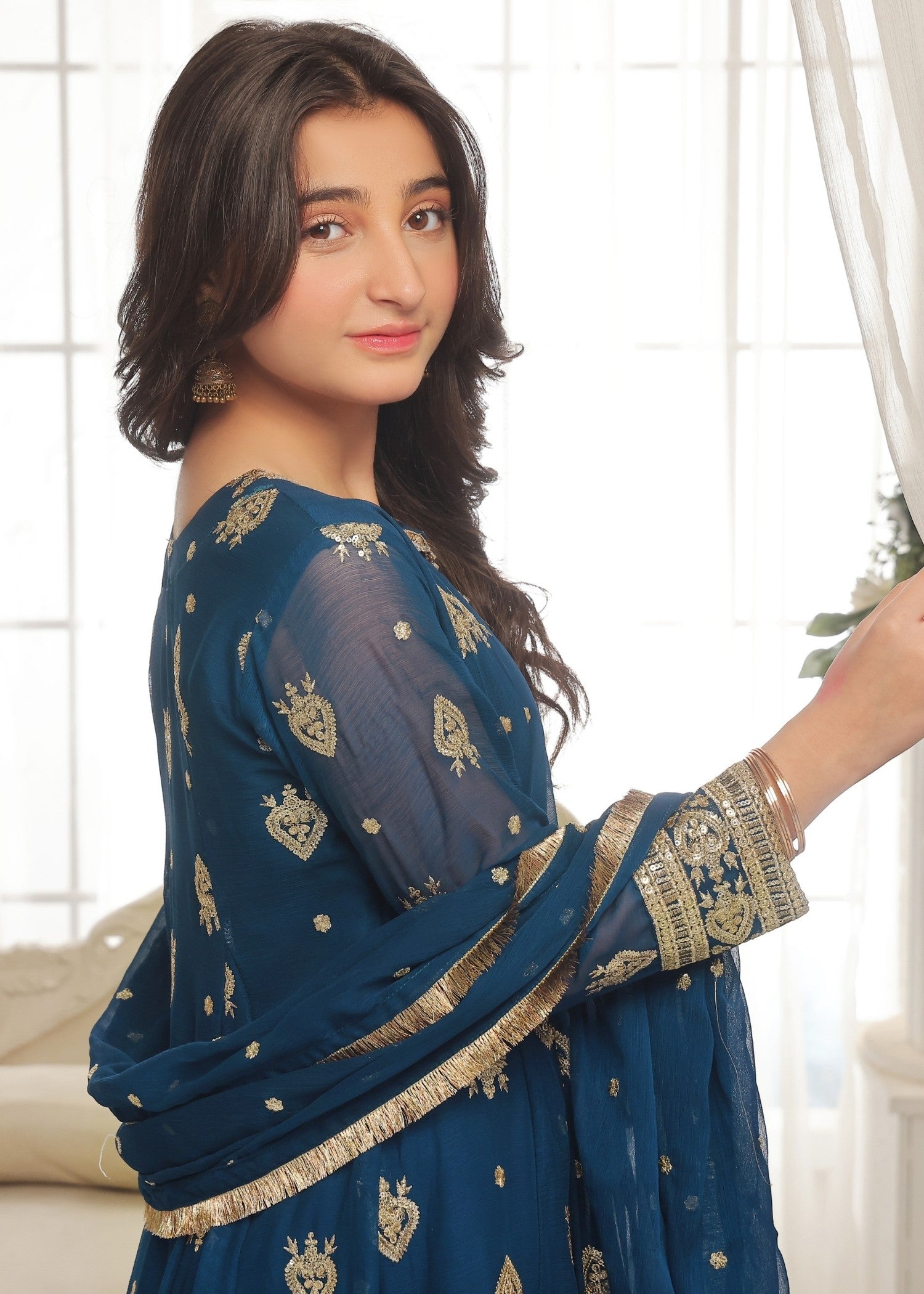 Kids Blue Embroidered Chiffon Salwar Kameez Online in KSA Riyadh Saudi Arabia Oman Bahrain Qatar