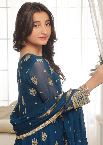 Kids Blue Embroidered Chiffon Salwar Kameez Online in KSA Riyadh Saudi Arabia Oman Bahrain Qatar