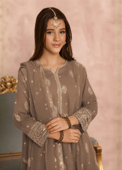 Kids Camel Brown Chiffon Salwar Kameez Online in KSA Riyadh Saudi Arabia Oman Bahrain Qatar