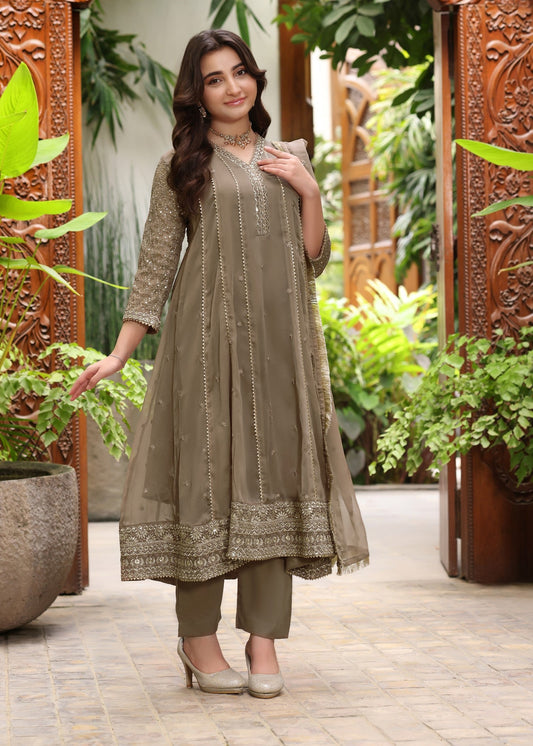 Kids Embroidered Camel Brown Chiffon Salwar Kameez Online in KSA Riyadh Saudi Arabia Oman Bahrain Qatar