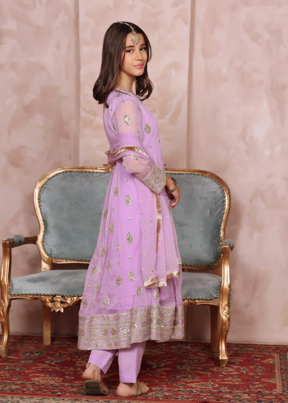 Kids Embroidered Lilac Chiffon Salwar Kameez Online in KSA Riyadh Saudi Arabia Oman Bahrain Qatar