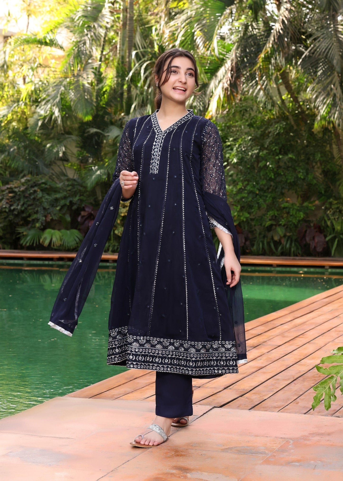 Kids Embroidered Navy Blue Chiffon Pishwas with Dupatta Online in KSA Riyadh Saudi Arabia Oman Bahrain Qatar