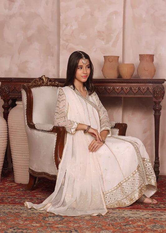 Kids Embroidered Off White Chiffon Pakistani Suit Online in KSA Riyadh Saudi Arabia Oman Bahrain Qatar