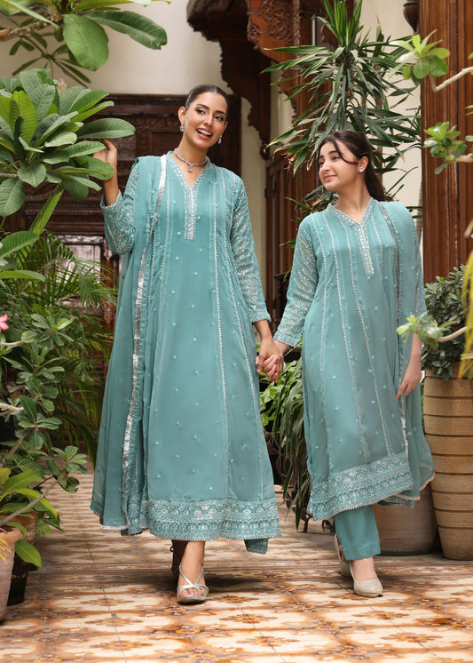 Kids Embroidered Sea Green Chiffon Salwar Kameez Online in KSA Riyadh Saudi Arabia Oman Bahrain Qatar