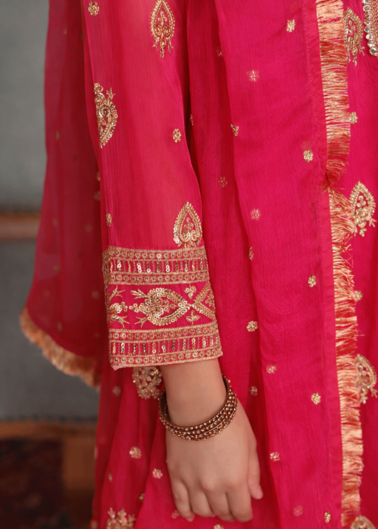 Kids Embroidered Vivid Pink Chiffon Festive Wear Online in UK USA Canada