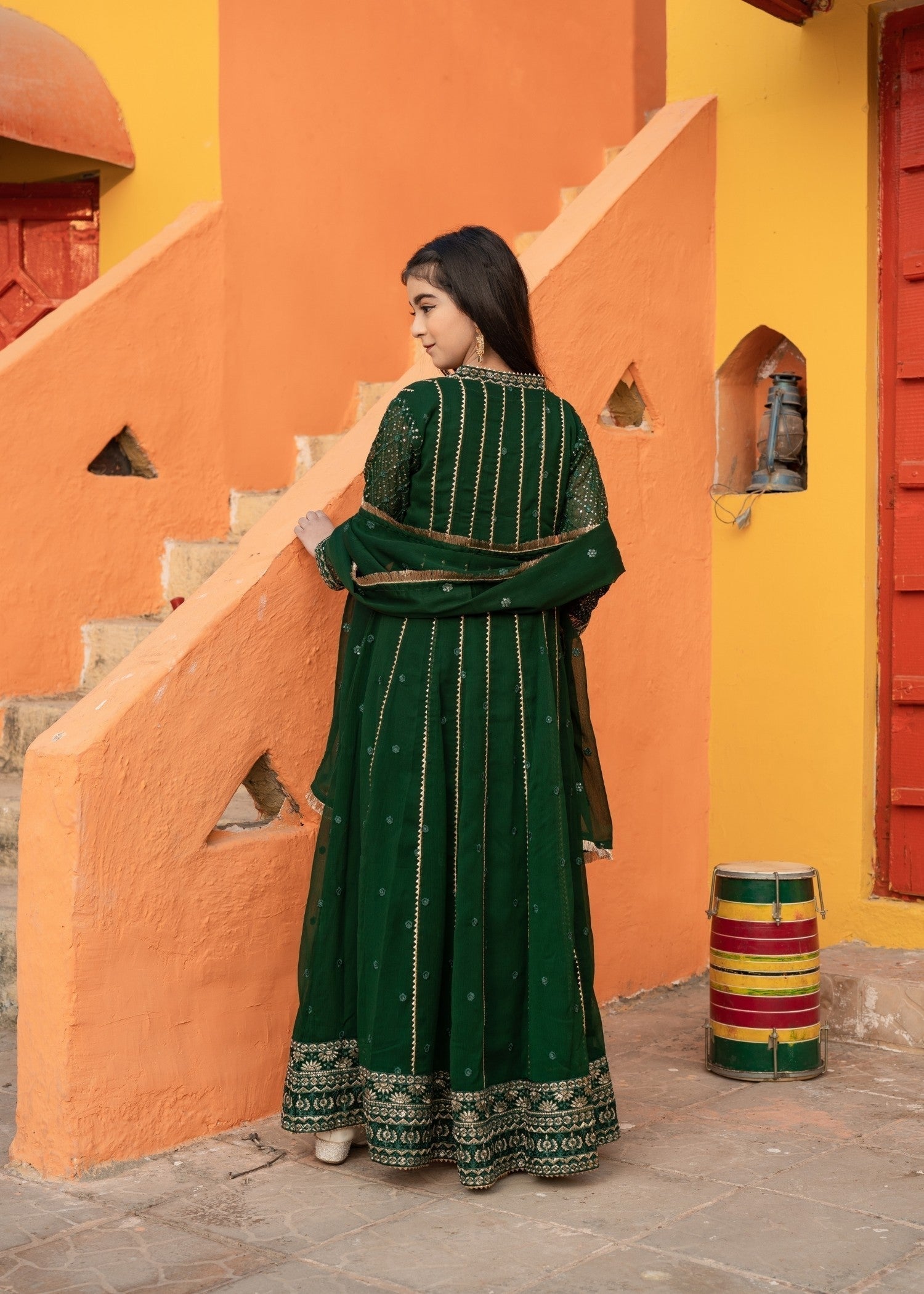 Kids Green Chiffon Kalidar Maxi Salwar Kameez Online in KSA Riyadh Saudi Arabia Oman Bahrain Qatar