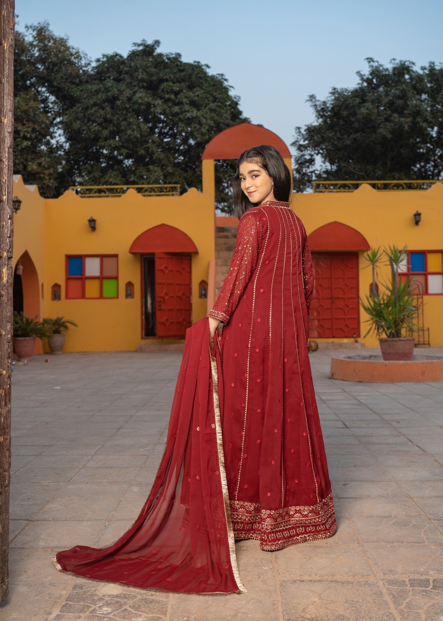 Kids Maroon Embroidered Chiffon Salwar Kameez Online in KSA Riyadh Saudi Arabia Oman Bahrain Qatar