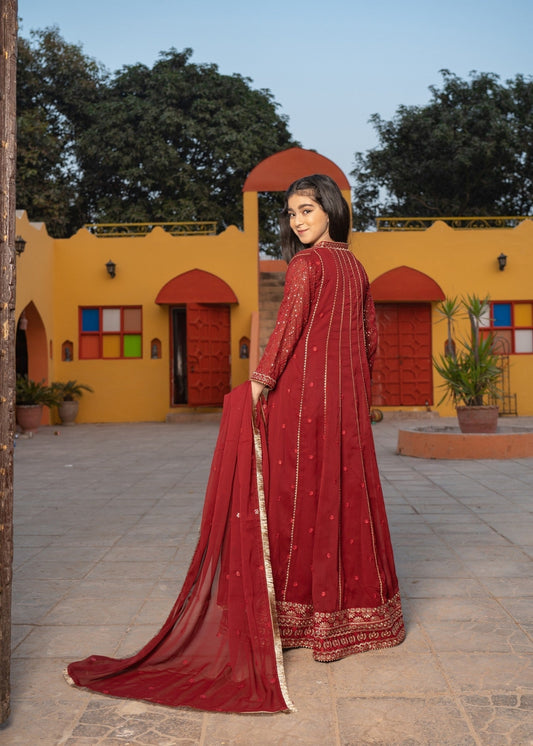 Kids Maroon Embroidered Chiffon Salwar Kameez Online in KSA Riyadh Saudi Arabia Oman Bahrain Qatar