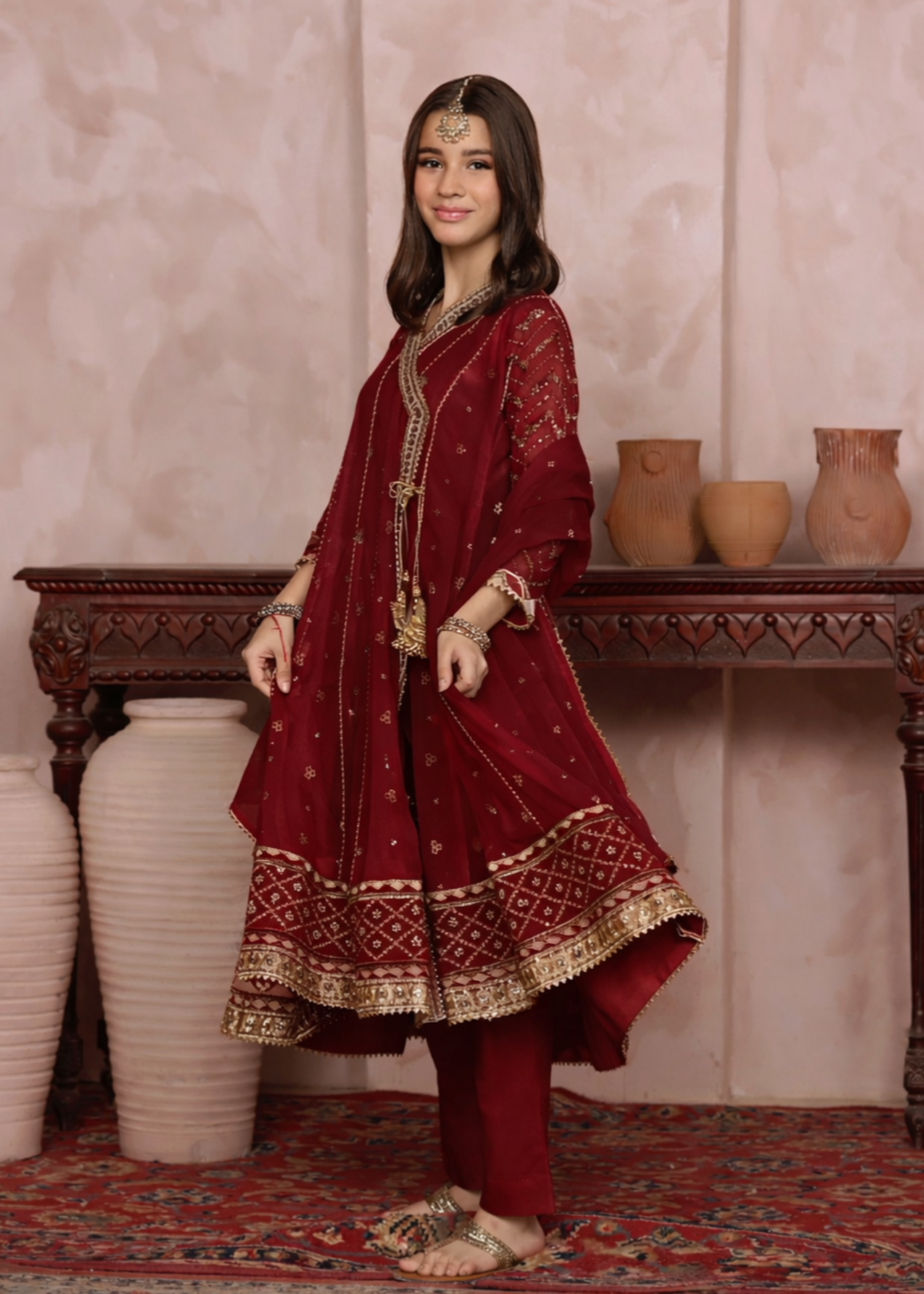 Kids Maroon Embroidered Chiffon Salwar Kameez Online in KSA Riyadh Saudi Arabia Oman Bahrain Qatar