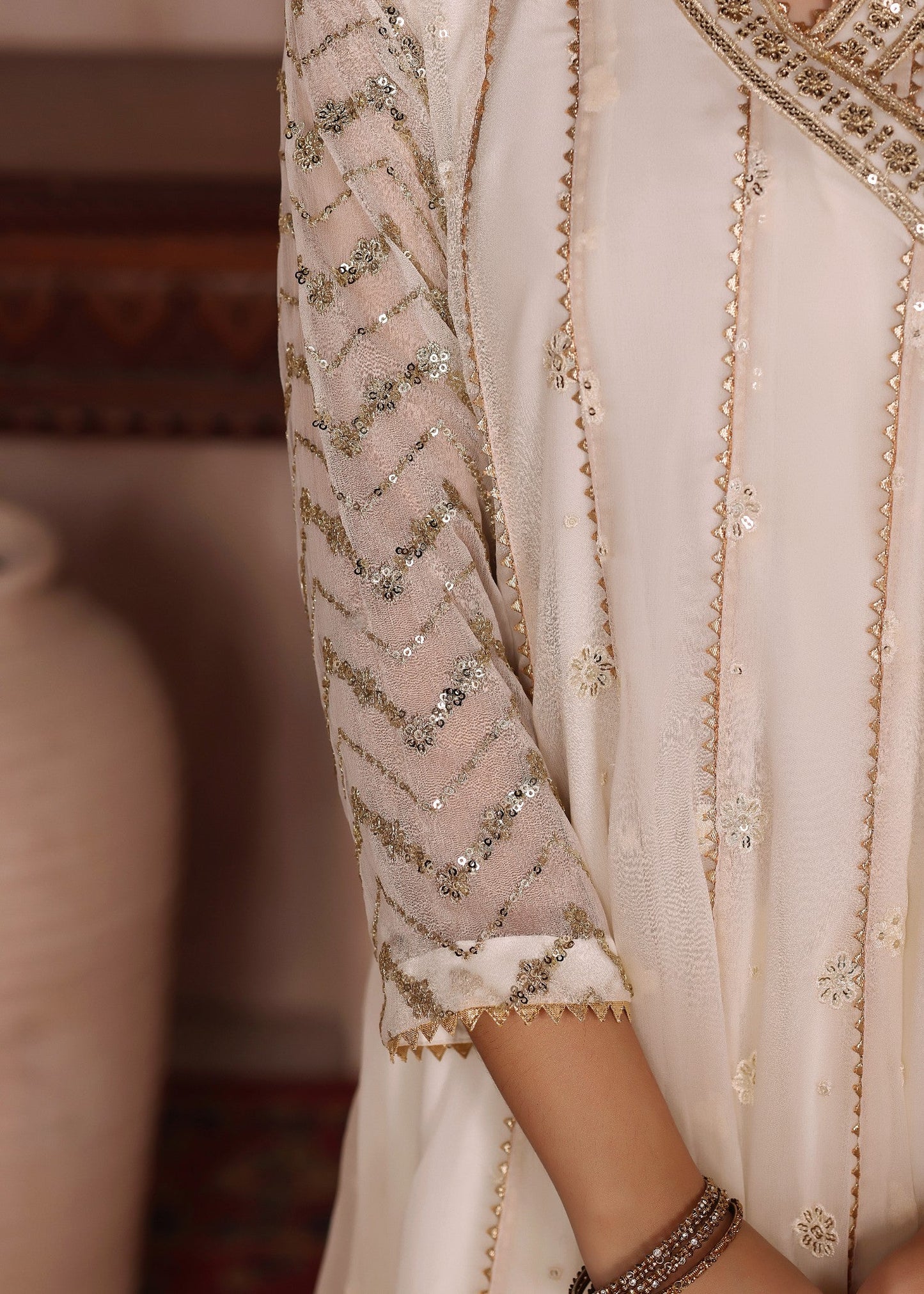 Kids Off White Chiffon Embroidered Party Suit Online in KSA Riyadh Saudi Arabia Oman Bahrain Qatar