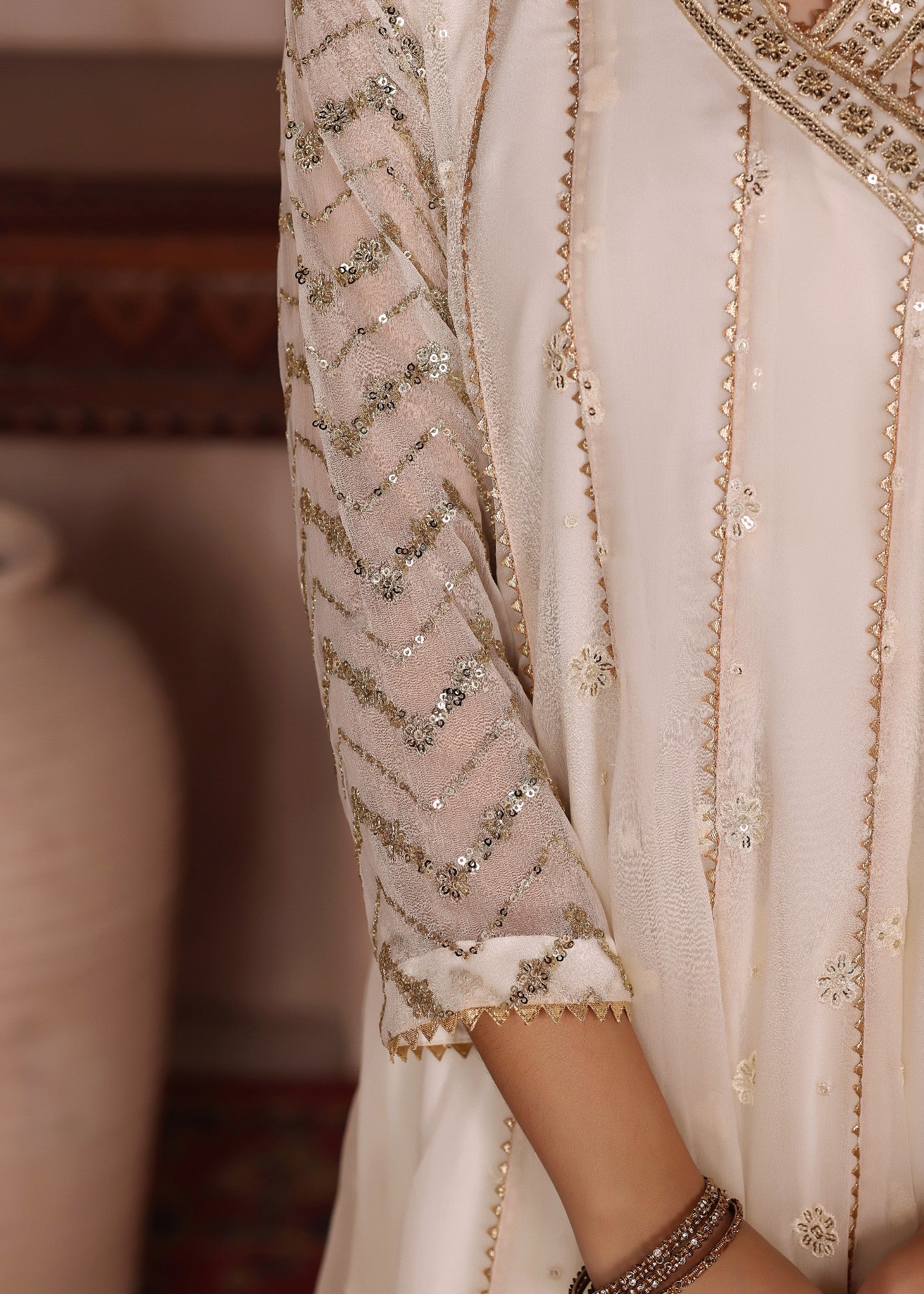 Kids Off White Chiffon Embroidered Party Suit Online in KSA Riyadh Saudi Arabia Oman Bahrain Qatar